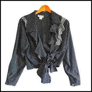 Amy Wang Polka Dot Blouse‎ Ruffle Tie Front Long Sleeve Top Medium